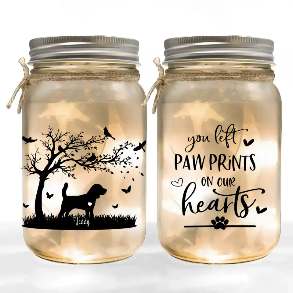 You Left Pawprints In Our Hearts - Personalized Mason Jar Light, Loss of Dog Memorial Gift for Dog Lovers/Dog Mom/Dog Dad - MJL01