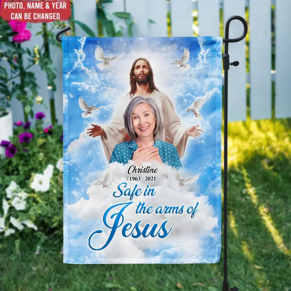 Safe In The Arms Of Jesus - Personalized Garden Flag, Memorial Gift, Sympathy Gift - GF172