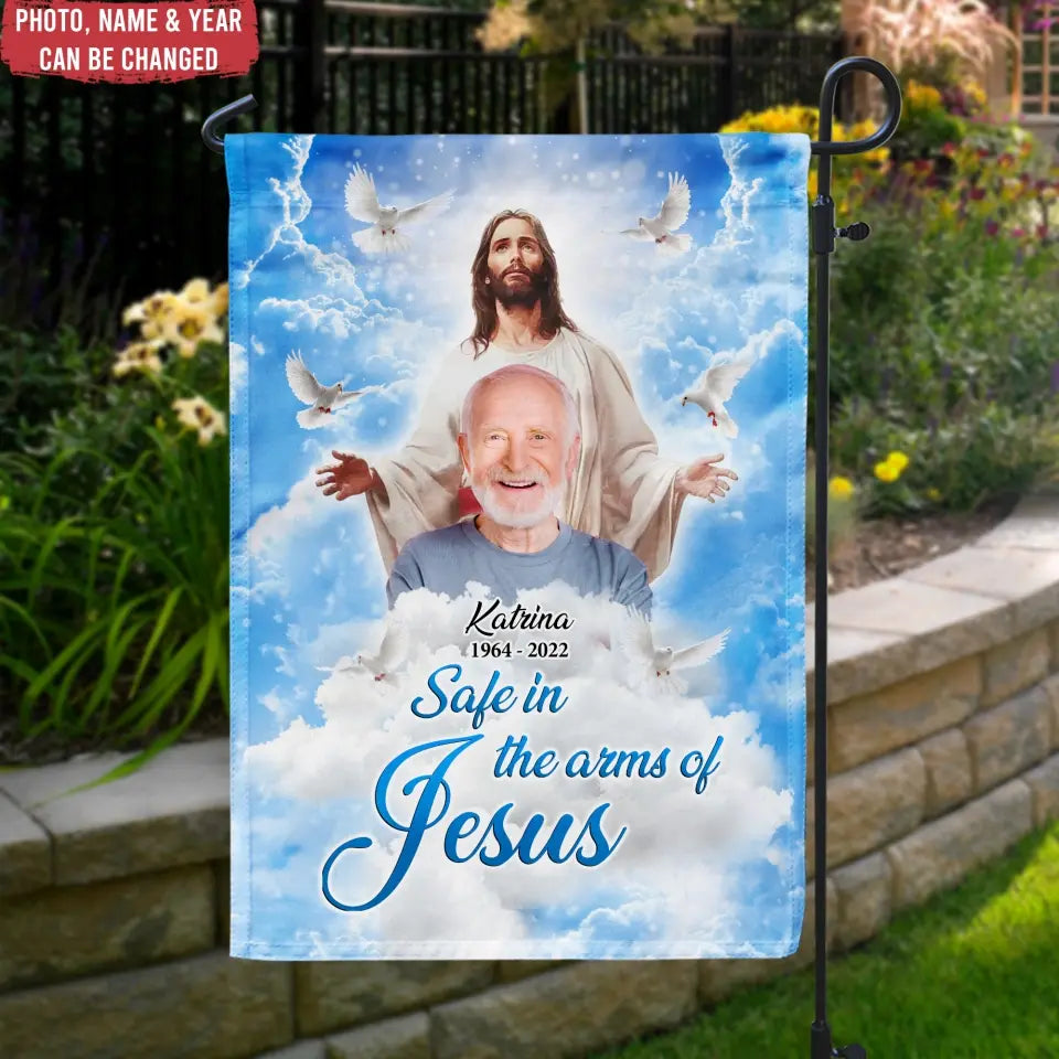 Safe In The Arms Of Jesus - Personalized Garden Flag, Memorial Gift, Sympathy Gift - GF172
