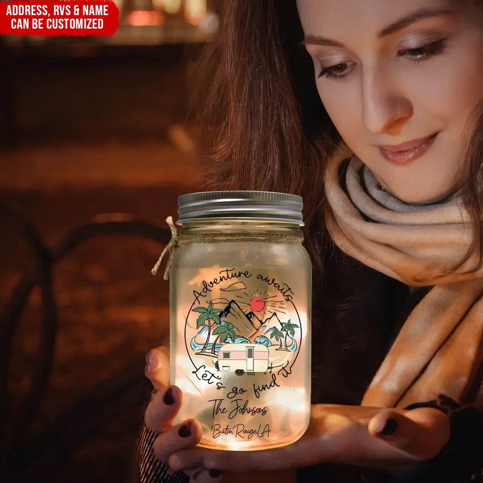 Adventure Awaits - Personalized Mason Jar Light , Gift For Camping Lovers - MJL06