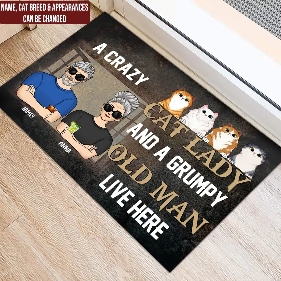 A Crazy Cat Lady And A Grumpy Old Man Live Here - Personalized Doormat, Gift For Cat Lover - DM275