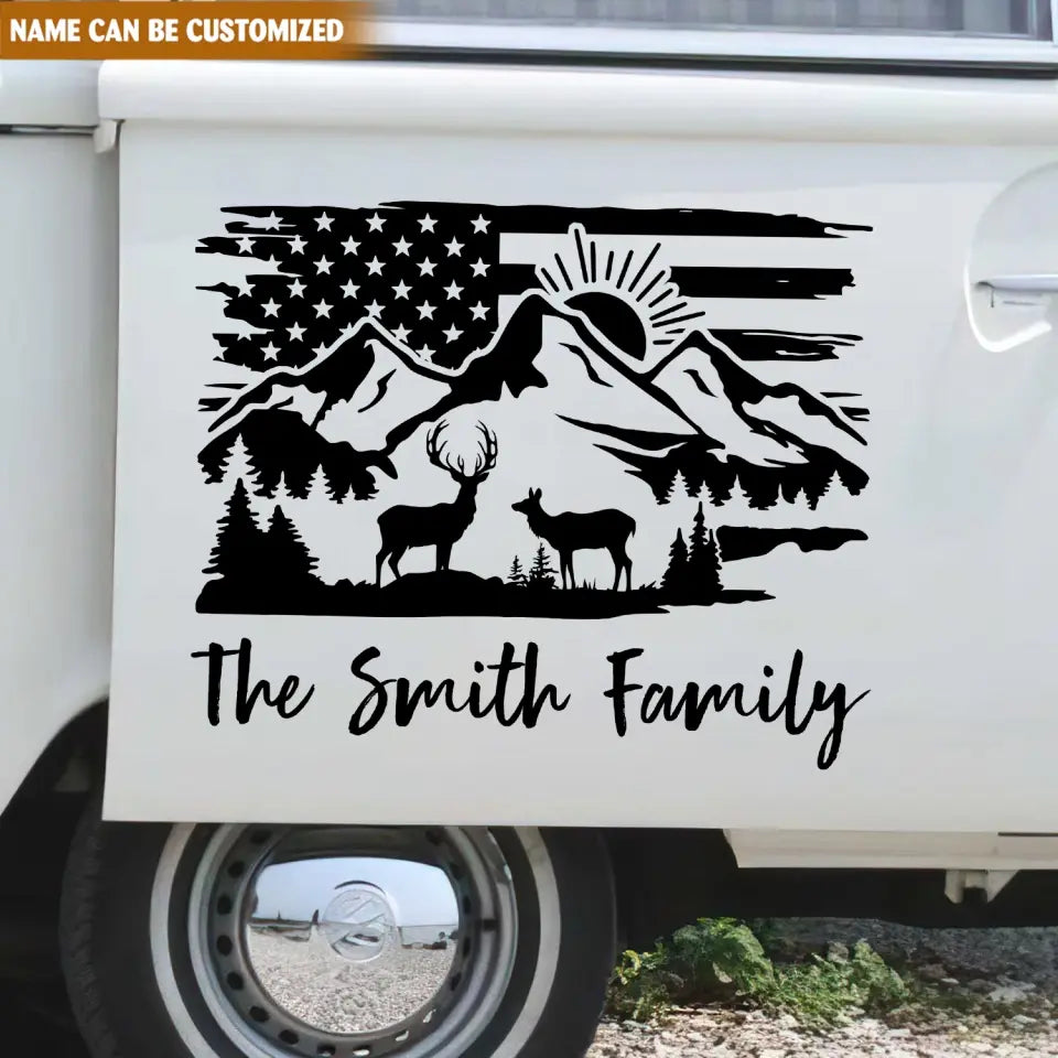 Camping Flag Deer And Mountain Custom Family Name - Personalized Decal, Gift For Camping Lovers - PCD113
