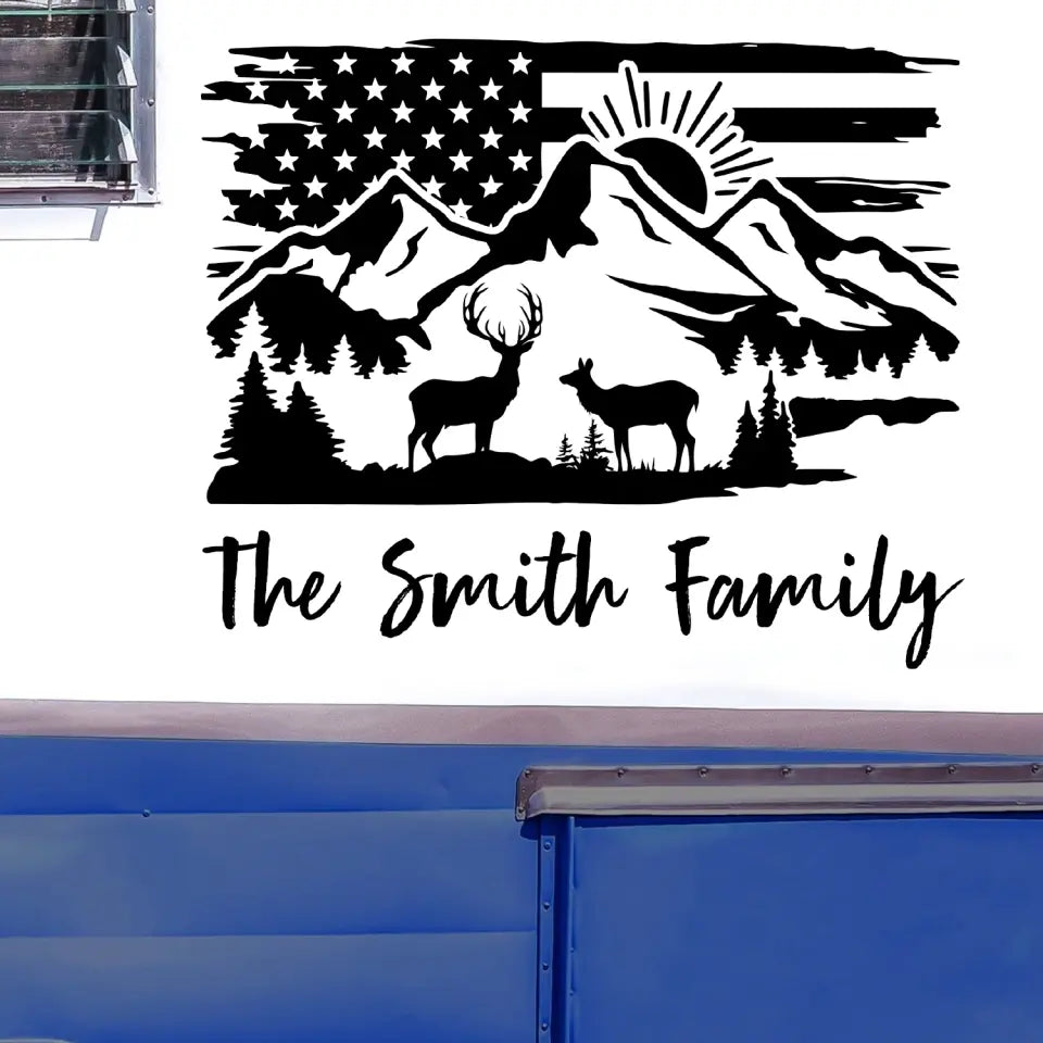 Camping Flag Deer And Mountain Custom Family Name - Personalized Decal, Gift For Camping Lovers - PCD113