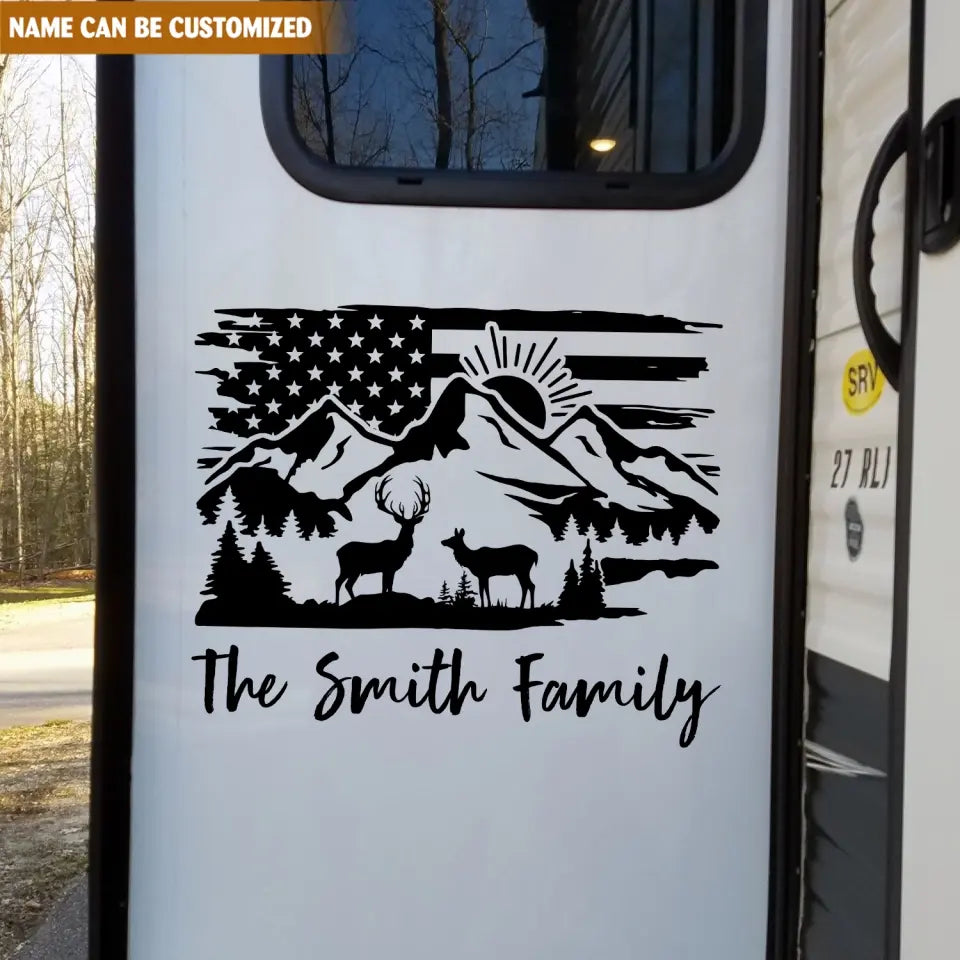 Camping Flag Deer And Mountain Custom Family Name - Personalized Decal, Gift For Camping Lovers - PCD113