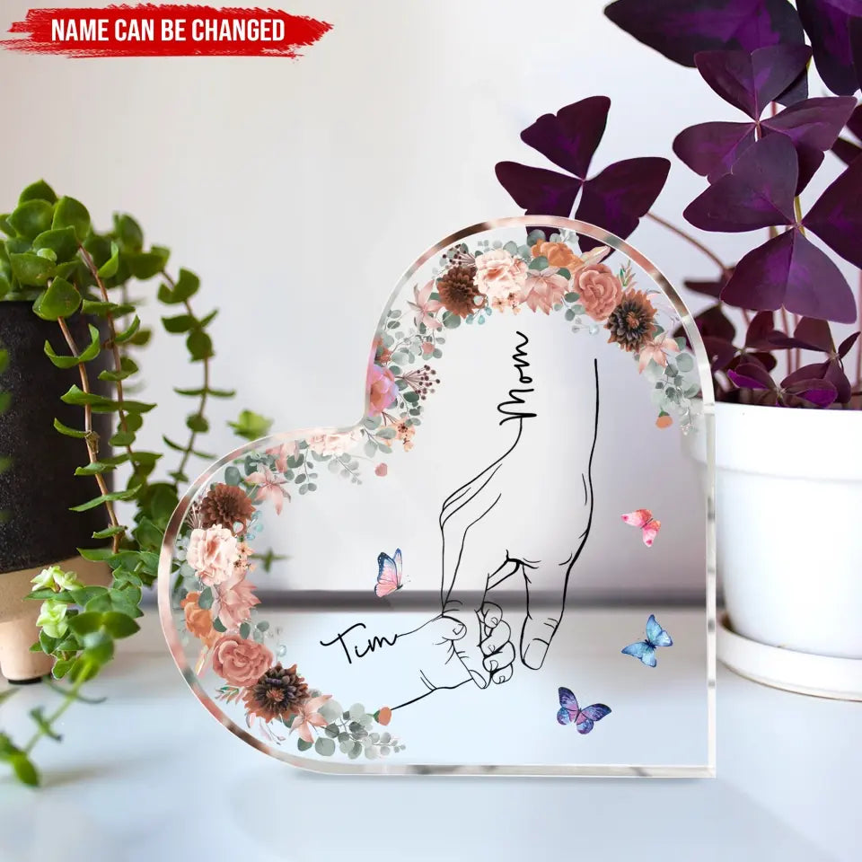 Mom And Kid Hands Flower - Personalized Heart Acrylic Plaque, Custom Mother's Day Gifts From Kids - AP28