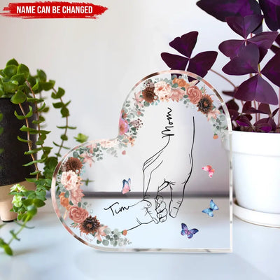 Mom And Kid Hands Flower - Personalized Heart Acrylic Plaque, Custom Mother's Day Gifts From Kids - AP28