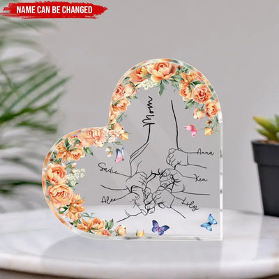 Mom And Kid Hands Flower - Personalized Heart Acrylic Plaque, Custom Mother's Day Gifts From Kids - AP28