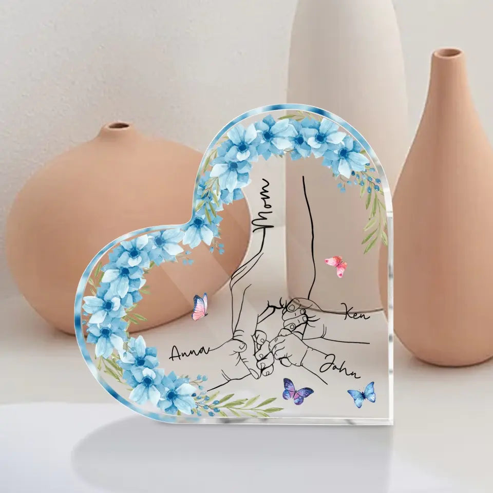 Mom And Kid Hands Flower - Personalized Heart Acrylic Plaque, Custom Mother's Day Gifts From Kids - AP28