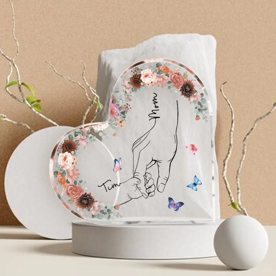 Mom And Kid Hands Flower - Personalized Heart Acrylic Plaque, Custom Mother's Day Gifts From Kids - AP28