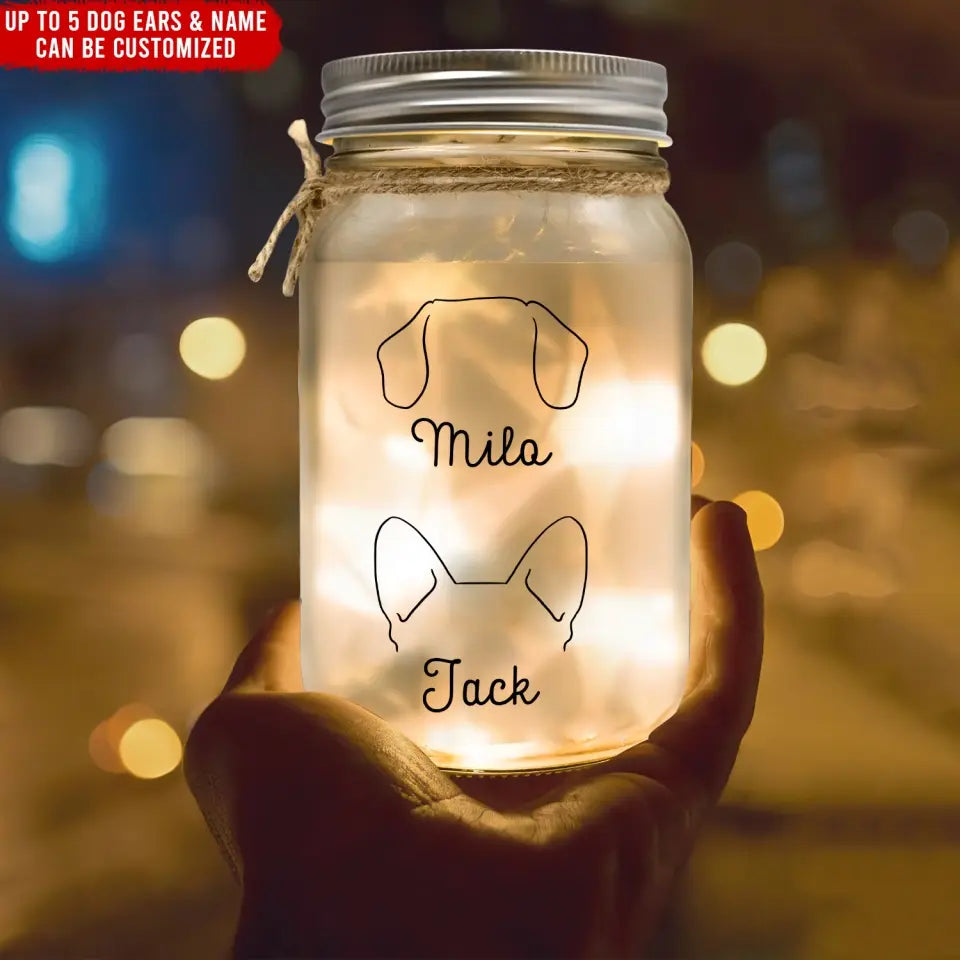 Dog Ear With Custom Name - Personalized Mason Jar Light, Gift For Pet Lovers - MJL12