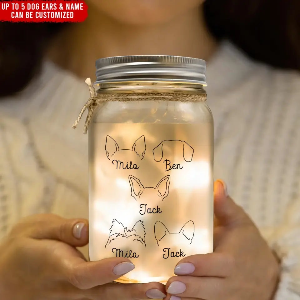 Dog Ear With Custom Name - Personalized Mason Jar Light, Gift For Pet Lovers - MJL12