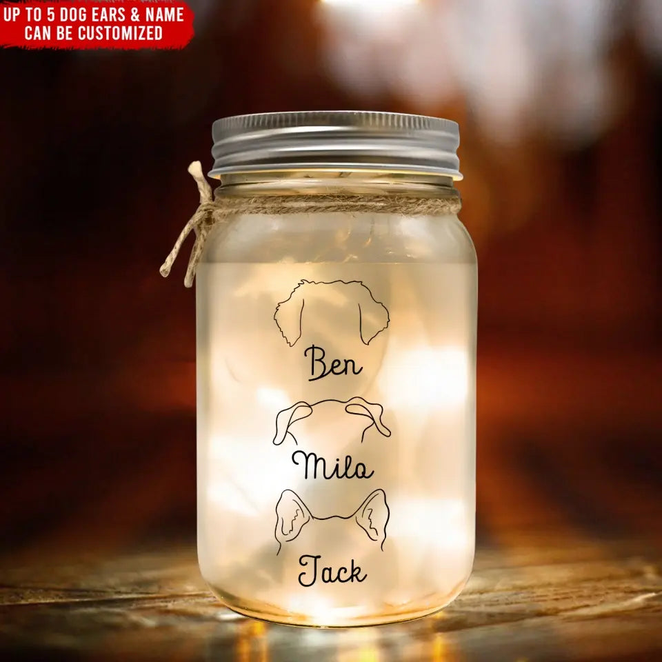 Dog Ear With Custom Name - Personalized Mason Jar Light, Gift For Pet Lovers - MJL12