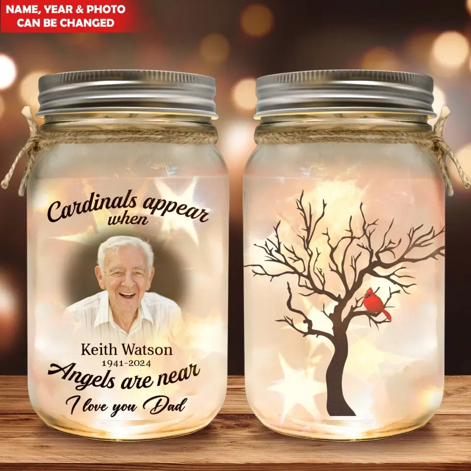 We Love Mom, Cardinals Appear When Angels Are Near - Personalized Mason Jar Light - MJL15