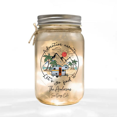 Adventure Awaits - Personalized Mason Jar Light , Gift For Camping Lovers - MJL06