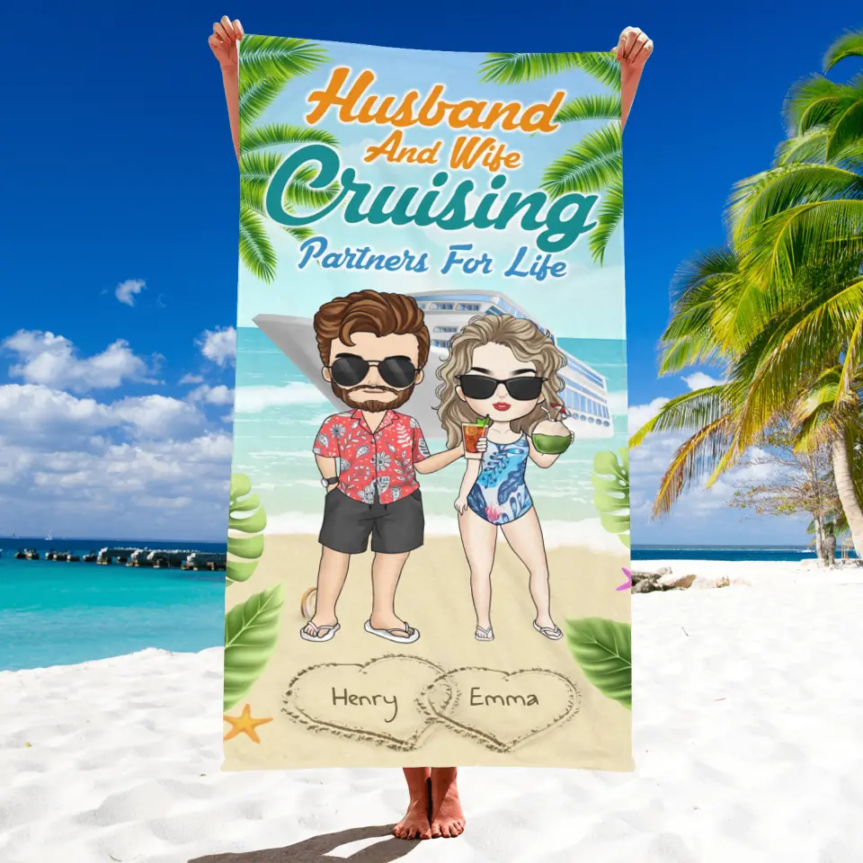 Husband & Wife Cruising Partners For Life - Personalized Beach Towel, Summer Gift For Couple