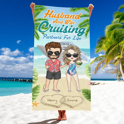 Husband & Wife Cruising Partners For Life - Personalized Beach Towel, Summer Gift For Couple