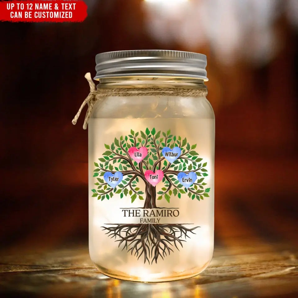 Live The Branches On A Tree, We All Grow In Different Directions, Yet Our Roots Remain As One - Personalized Mason Jar Light - MJL19