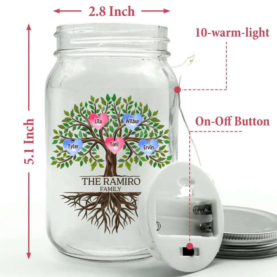 Live The Branches On A Tree, We All Grow In Different Directions, Yet Our Roots Remain As One - Personalized Mason Jar Light - MJL19