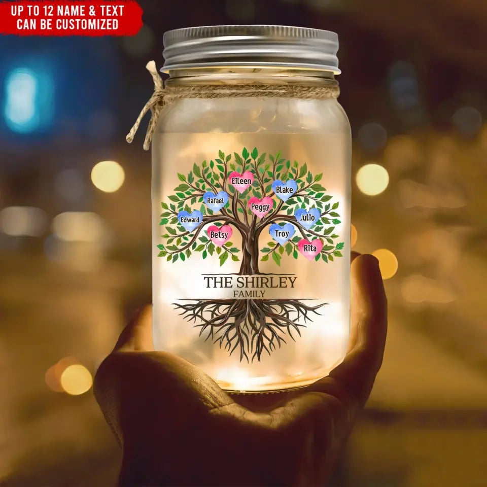 Live The Branches On A Tree, We All Grow In Different Directions, Yet Our Roots Remain As One - Personalized Mason Jar Light - MJL19