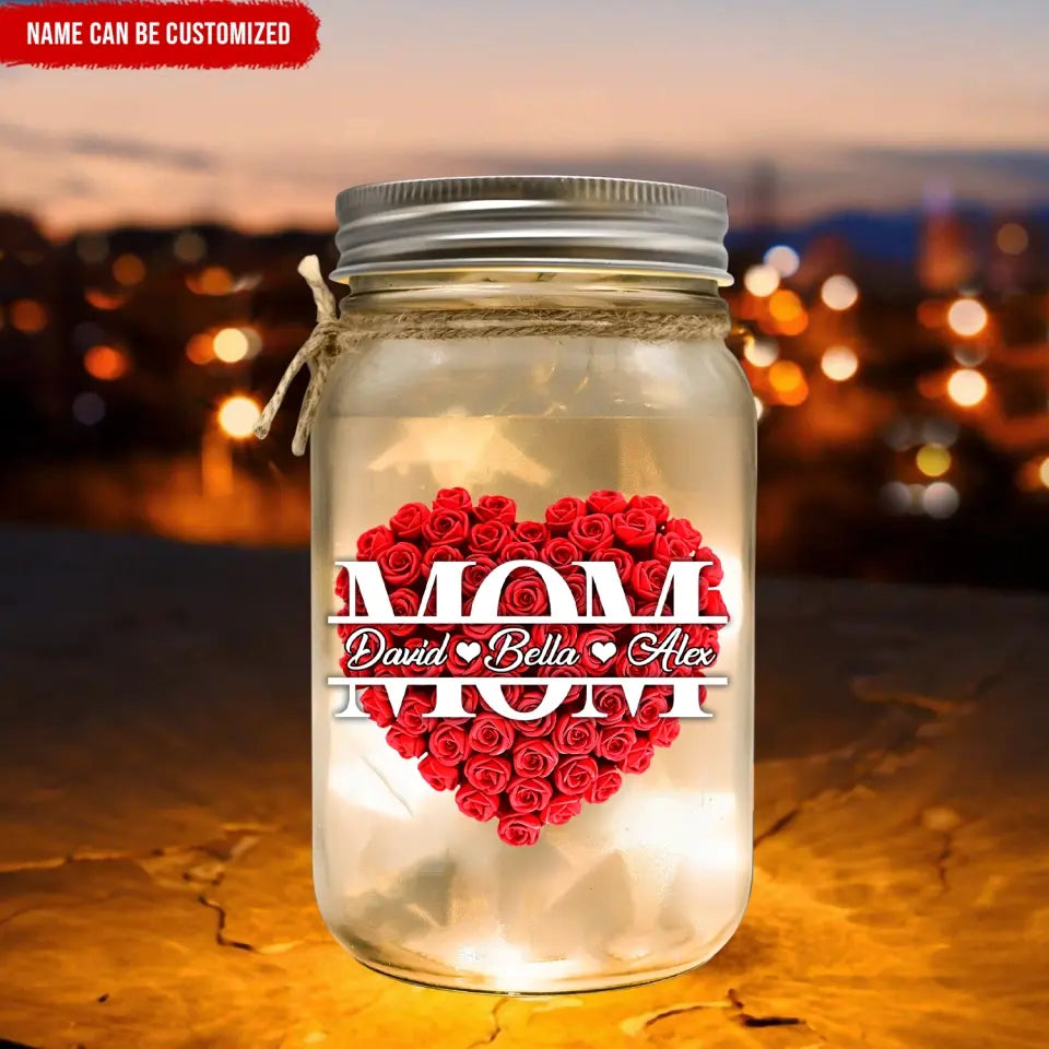 Flower Heart - Personalized Mason Jar Light, Gift For Mom, Grandma - MJL23