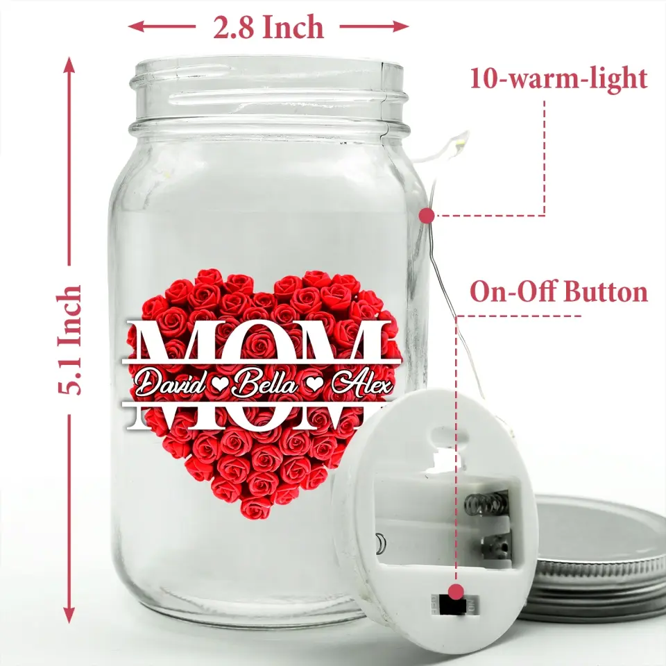 Flower Heart - Personalized Mason Jar Light, Gift For Mom, Grandma - MJL23