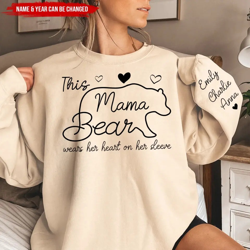 This Mama Bear Wears Her Heart On Her Sleeve - Personalized Sleeve Print Sweatshirt, Gift For Mom, Grandma - SW03