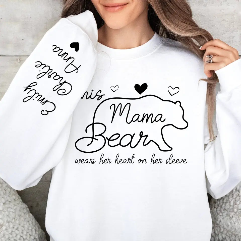 This Mama Bear Wears Her Heart On Her Sleeve - Personalized Sleeve Print Sweatshirt, Gift For Mom, Grandma - SW03