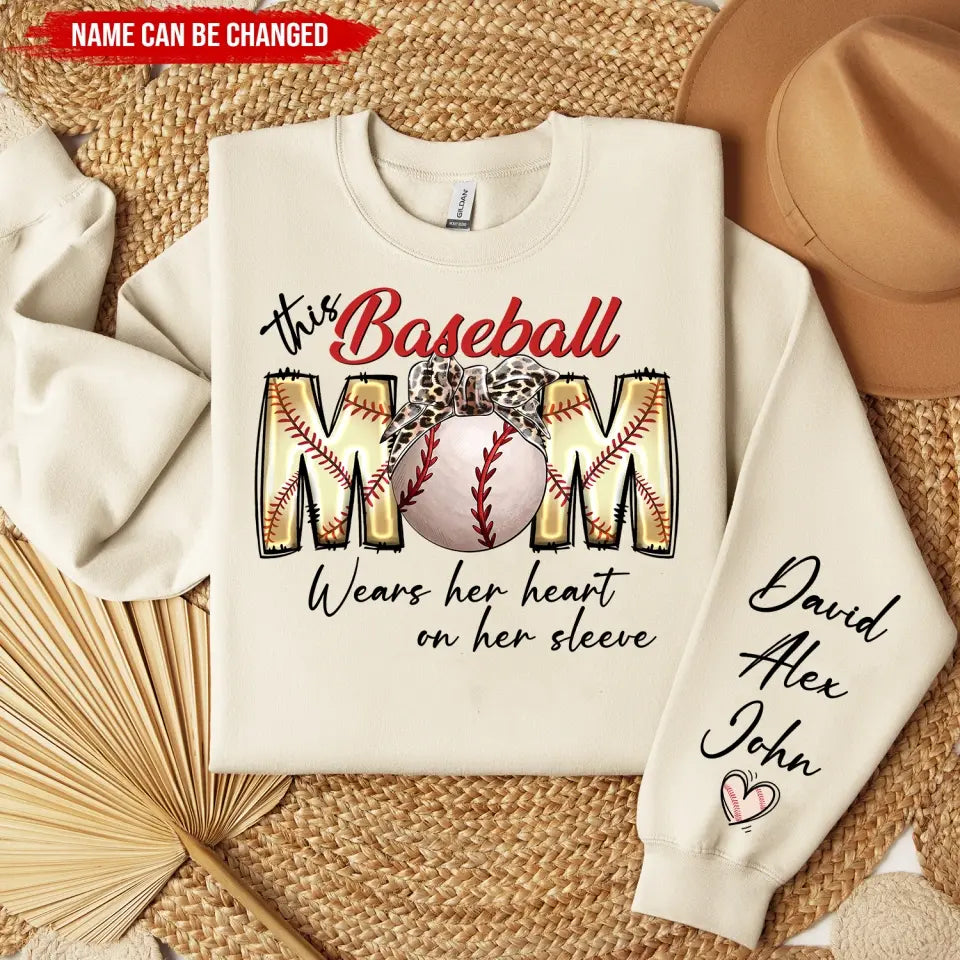 This Baseball Mom Wears Her Heart On Her Sleeve - Personalized Sleeve Print Sweatshirt, Gift For Mom, Grandma - SW04