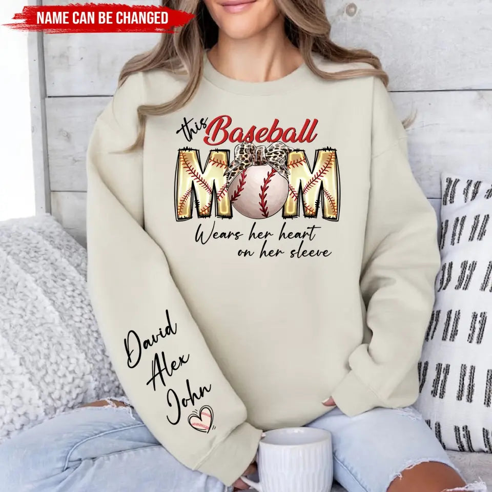 This Baseball Mom Wears Her Heart On Her Sleeve - Personalized Sleeve Print Sweatshirt, Gift For Mom, Grandma - SW04