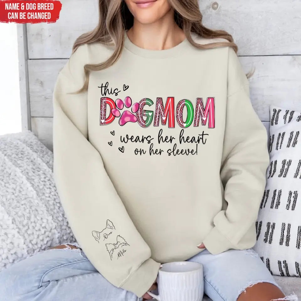 This Dog Mom Wears Her Heart On Her Sleeve - Personalized Sleeve Print Sweatshirt, Gift For Dog Lover - SW05