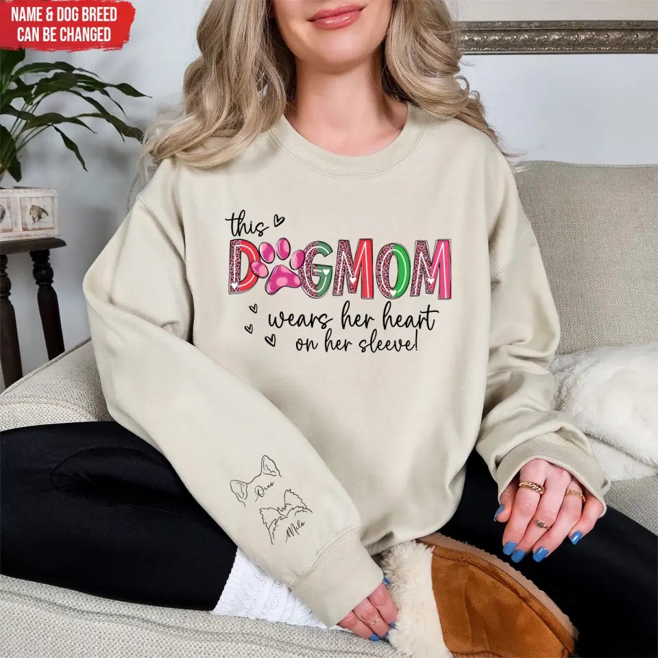 This Dog Mom Wears Her Heart On Her Sleeve - Personalized Sleeve Print Sweatshirt, Gift For Dog Lover - SW05
