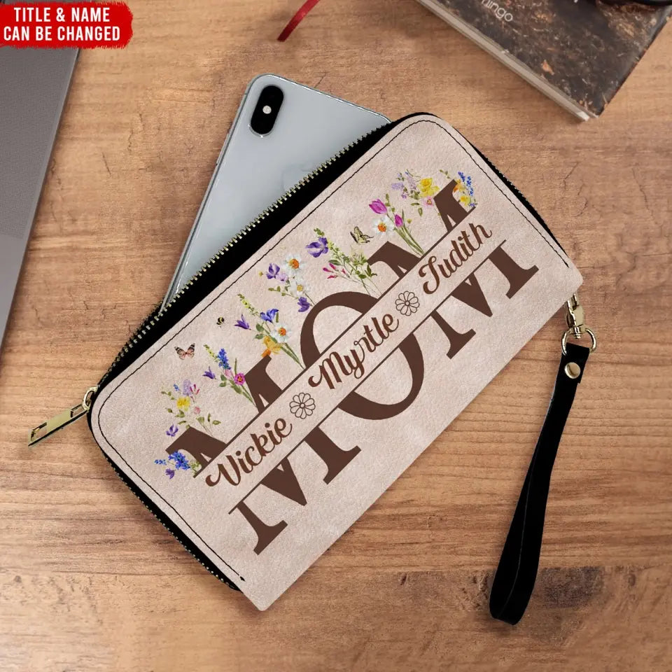 Mom Grandma Floral - Personalized Leather Long Wallet, Gift For Mother, Grandmother - LW15