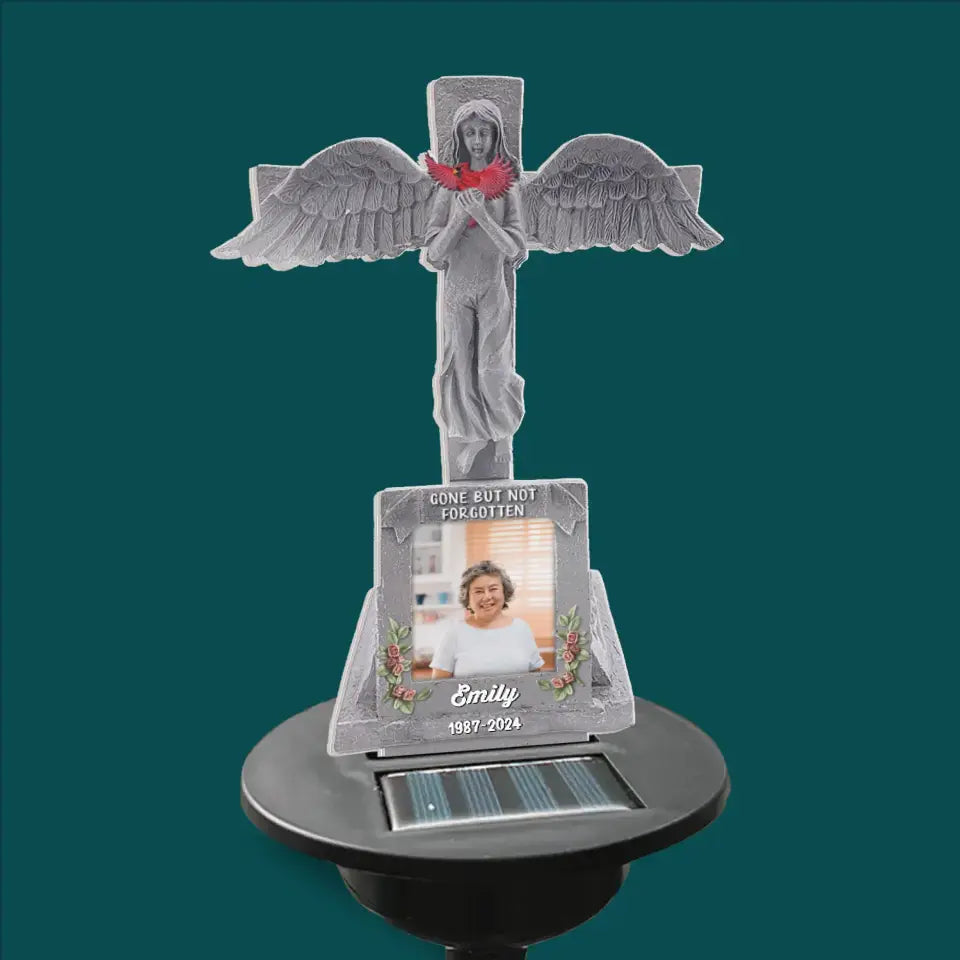 Angel Cross With Bird - Personalized Solar Light, Angel Cemetery Decoration Grave Headstone Memorial - SL148