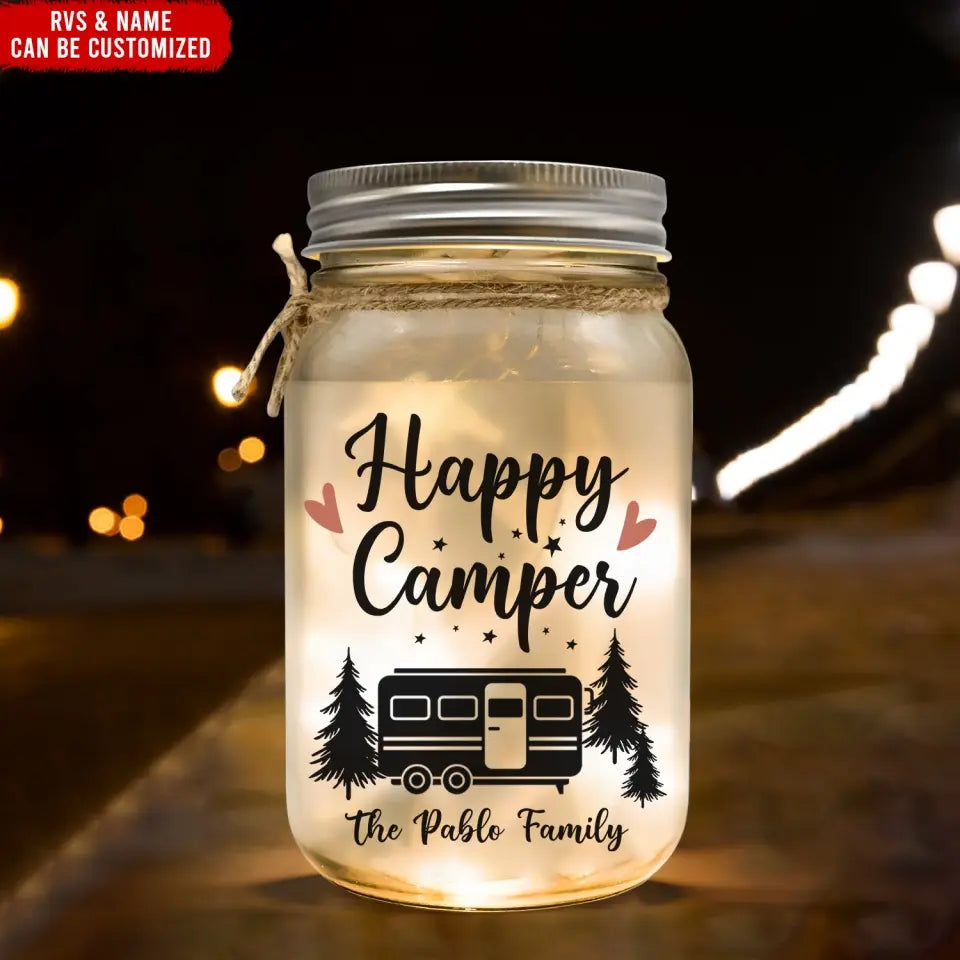 Happy Camper - Personalized Mason Jar Light, Gift For Camping Lover - MJL38