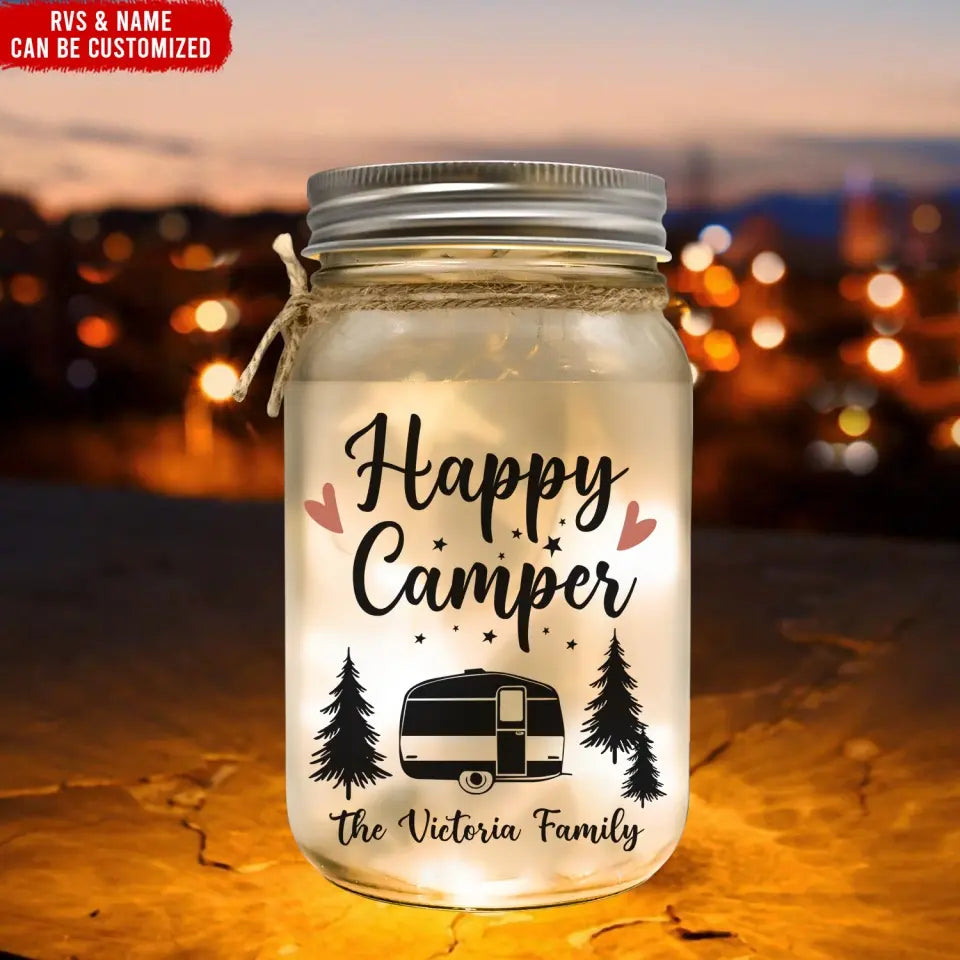 Happy Camper - Personalized Mason Jar Light, Gift For Camping Lover - MJL38