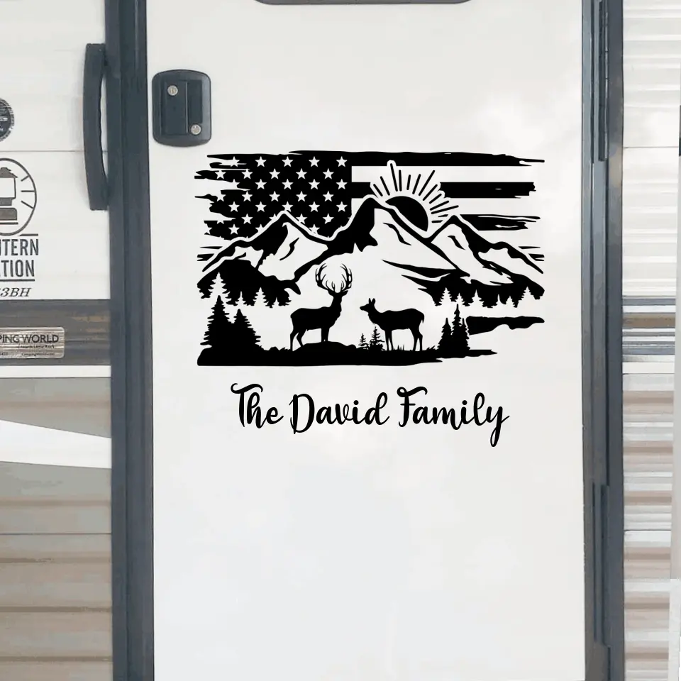 Camping Flag Deer And Mountain Custom Family Name - Personalized Decal, Gift For Camping Lovers - PCD113