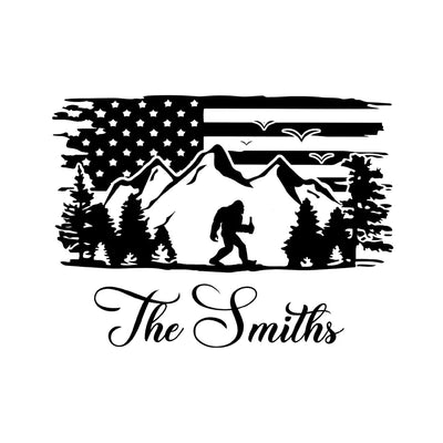 Bigfoot American Flag Mountain Tree - Personalized Decal, Camping Gift For Camping Lovers - PCD119