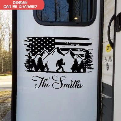 Bigfoot American Flag Mountain Tree - Personalized Decal, Camping Gift For Camping Lovers - PCD119
