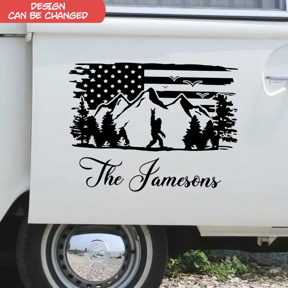 Bigfoot American Flag Mountain Tree - Personalized Decal, Camping Gift For Camping Lovers - PCD119