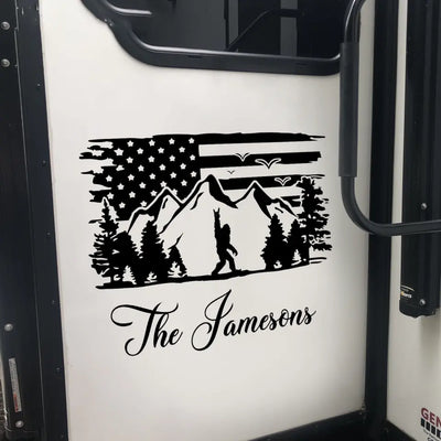 Bigfoot American Flag Mountain Tree - Personalized Decal, Camping Gift For Camping Lovers - PCD119