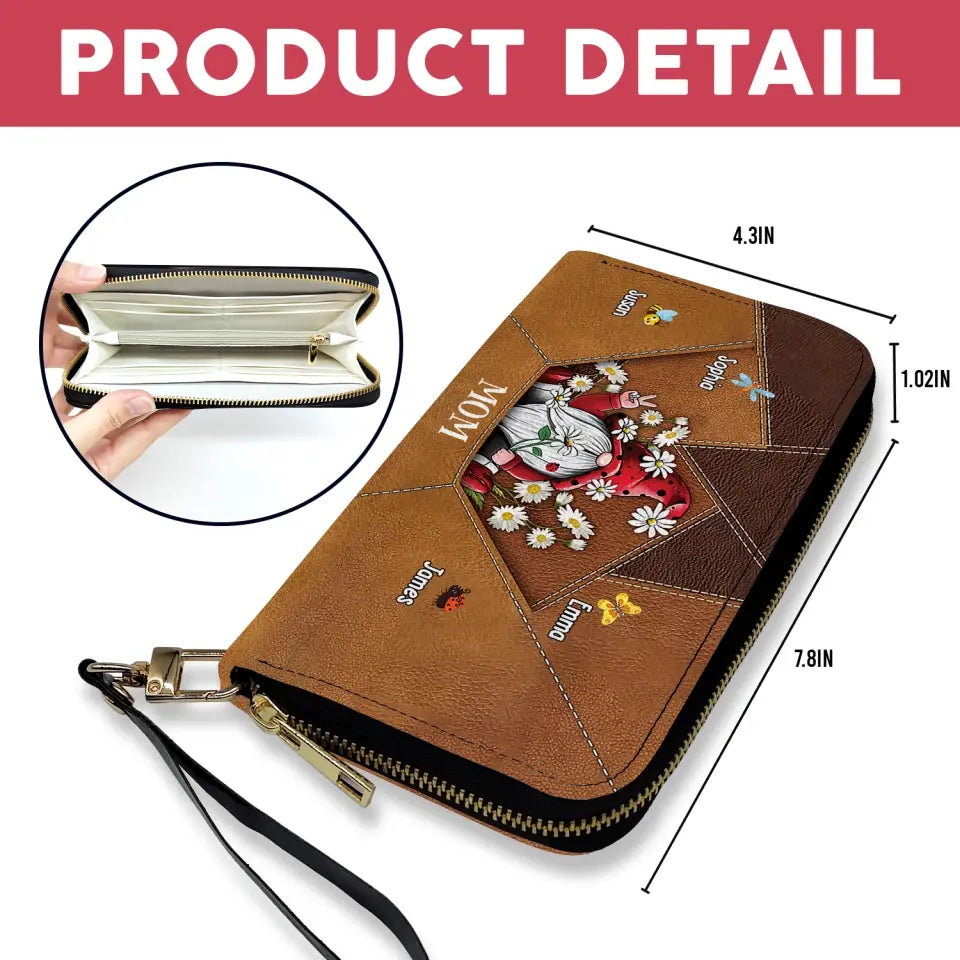 Gnome Grandma Mom Little Bug Kids - Personalized Leather Long Wallet, Gift For Mom, Grandma - LW19