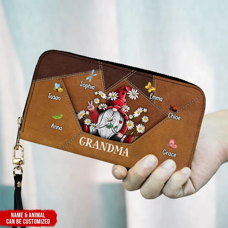 Gnome Grandma Mom Little Bug Kids - Personalized Leather Long Wallet, Gift For Mom, Grandma - LW19