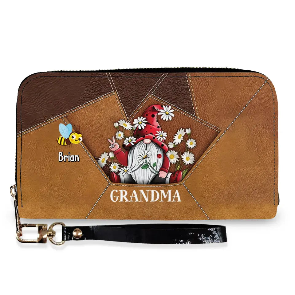 Gnome Grandma Mom Little Bug Kids - Personalized Leather Long Wallet, Gift For Mom, Grandma - LW19