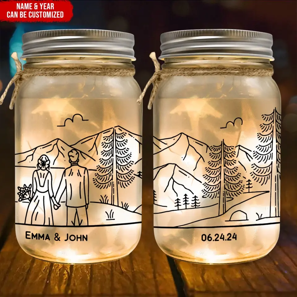 Bride & Groom Mountain Adventure - Personalized Mason Jar Light, Anniversary Gifts