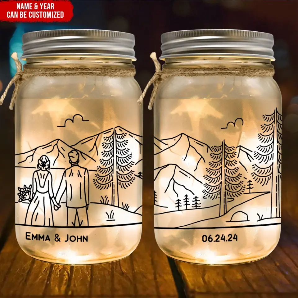 Bride & Groom Mountain Adventure - Personalized Mason Jar Light, Anniversary Gifts - MJL43