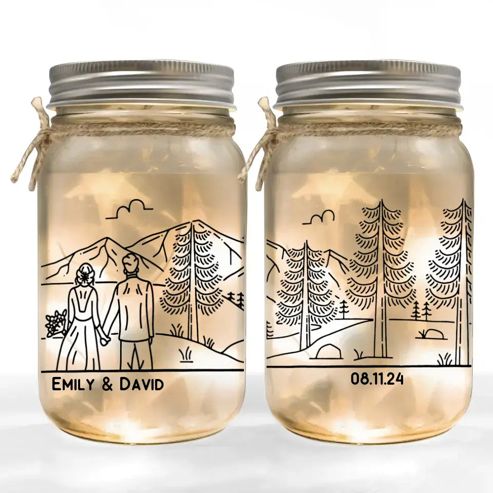 Bride & Groom Mountain Adventure - Personalized Mason Jar Light, Anniversary Gifts - MJL43