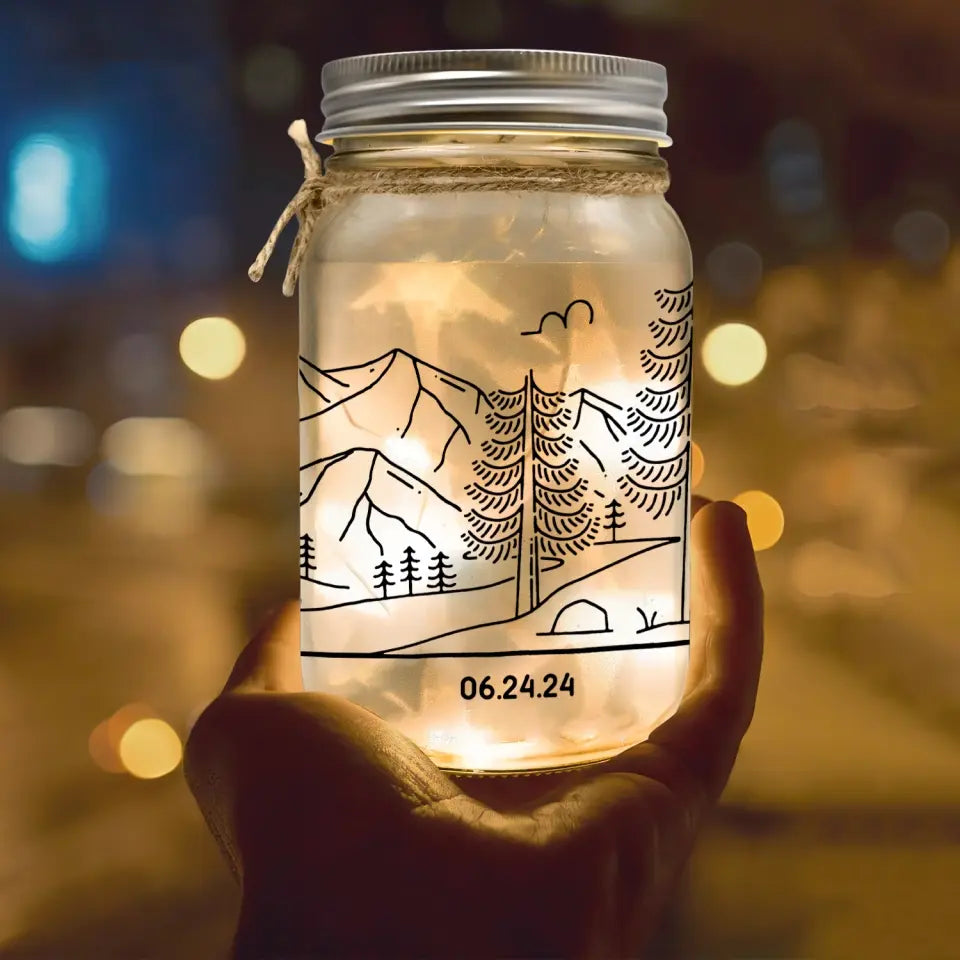 Bride & Groom Mountain Adventure - Personalized Mason Jar Light, Anniversary Gifts - MJL43