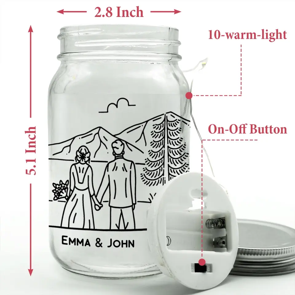 Bride & Groom Mountain Adventure - Personalized Mason Jar Light, Anniversary Gifts - MJL43