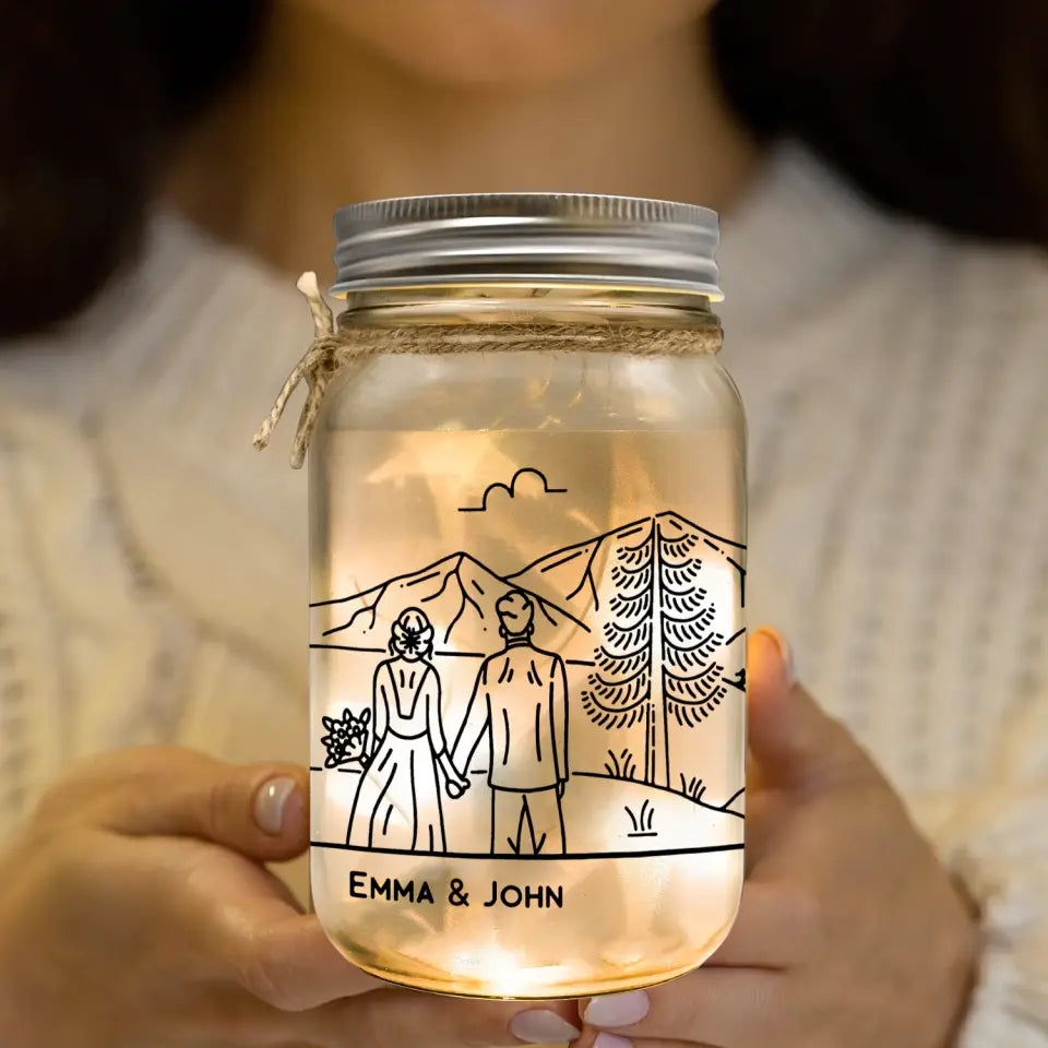 Bride & Groom Mountain Adventure - Personalized Mason Jar Light, Anniversary Gifts - MJL43
