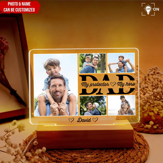 Dad Is My Protector - Personalized Acrylic Night Light, Gift For Dad, Dad's Gift - L131